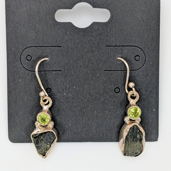 Natural Moldavite & Peridot S925 Sterling Silver Dangle Earrings - Picture 3 of 5